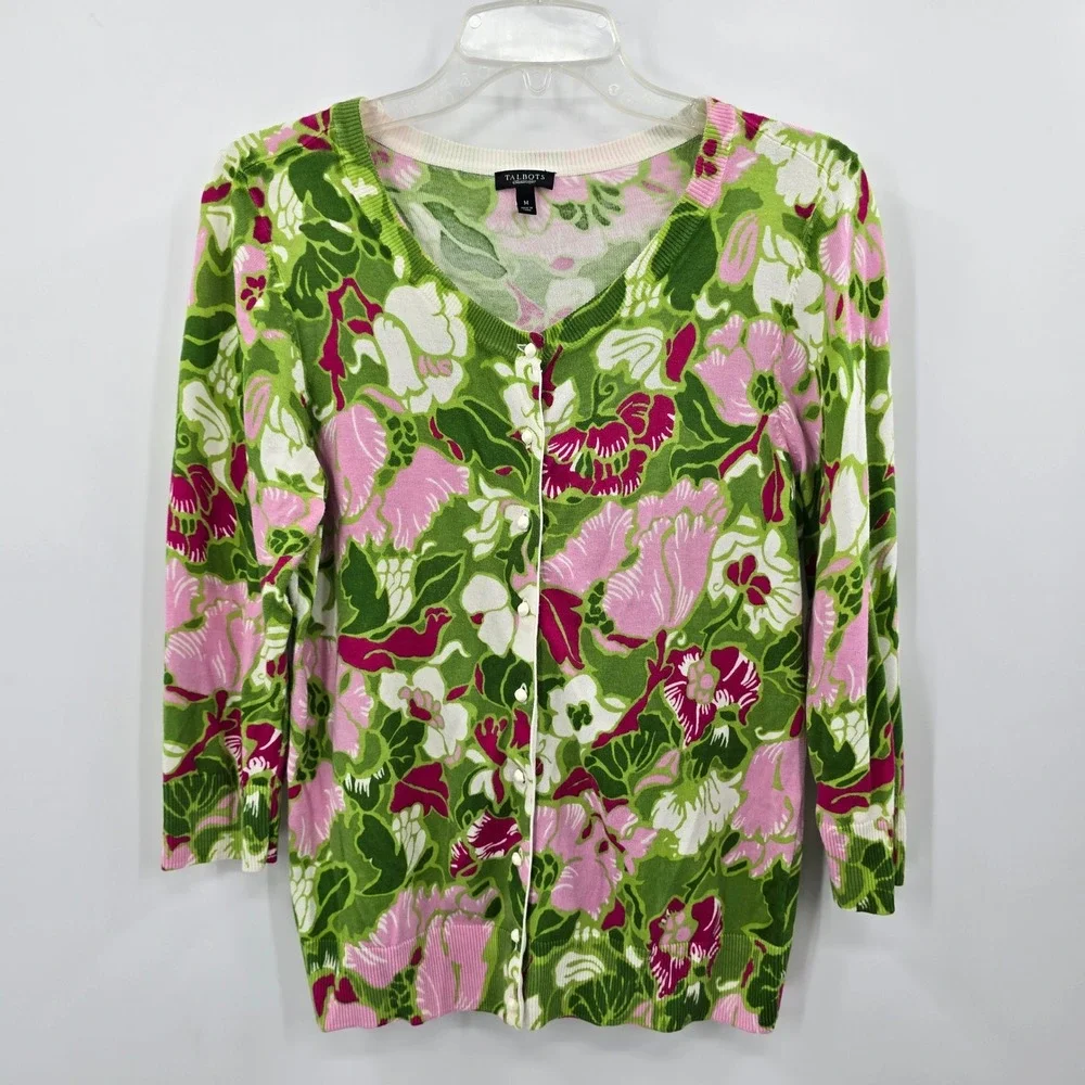 Talbots Cardigan Womens M Green Pink Floral Cotton Blend V-Neck 3/4 Sleeve